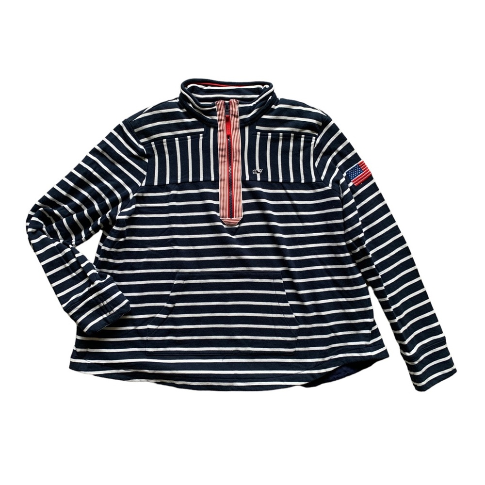 VINEYARD VINES Striped Navy Quarter Zip Box Fit Cropped Sweatshirt
